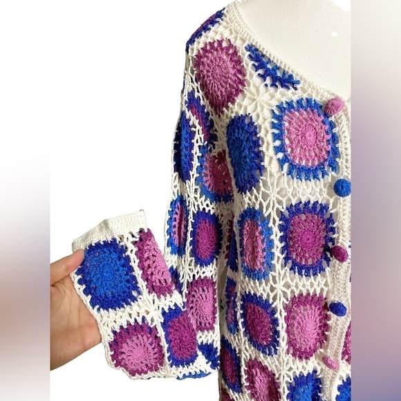 Haband Womens Medium Granny Square Purple & Blue with White Crochet Jacket - Picture 4 of 10